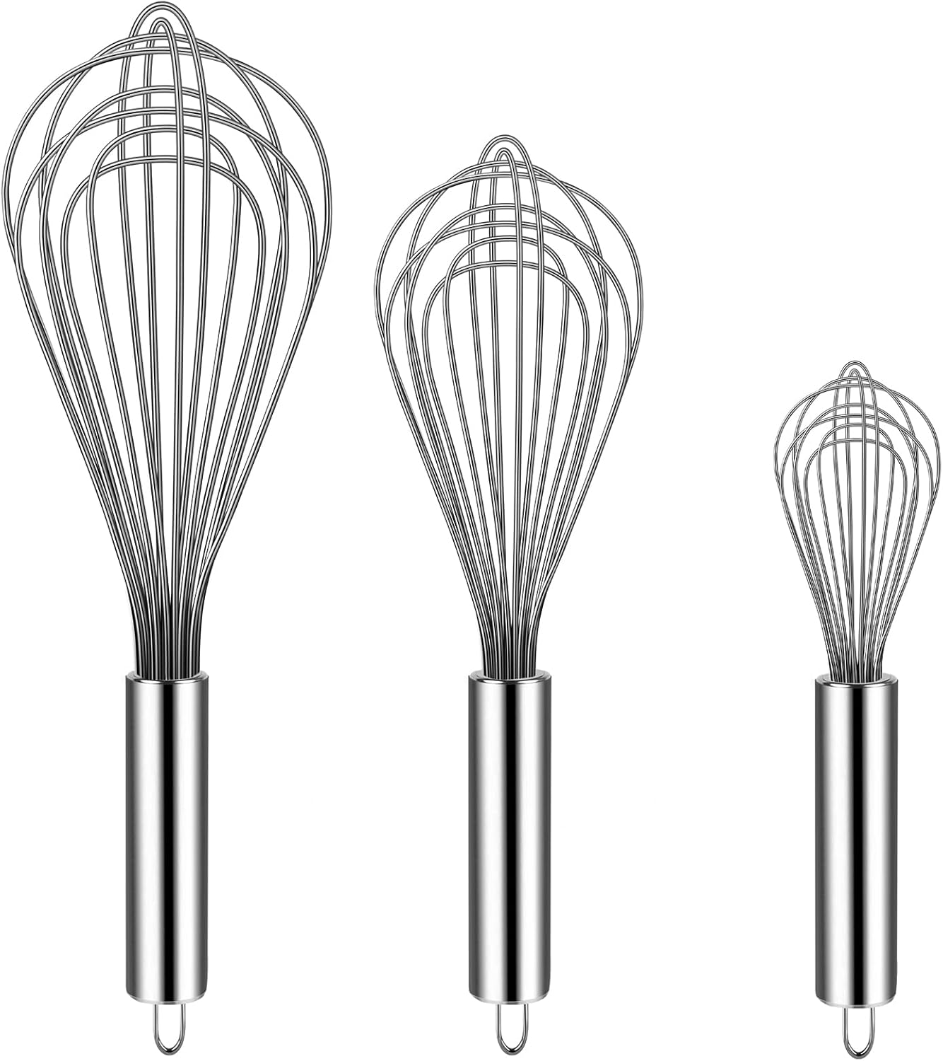 TEEVEA Heat Resistant Stainless Steel Wire Whisk Set of 3, Kitchen Whisks for Non