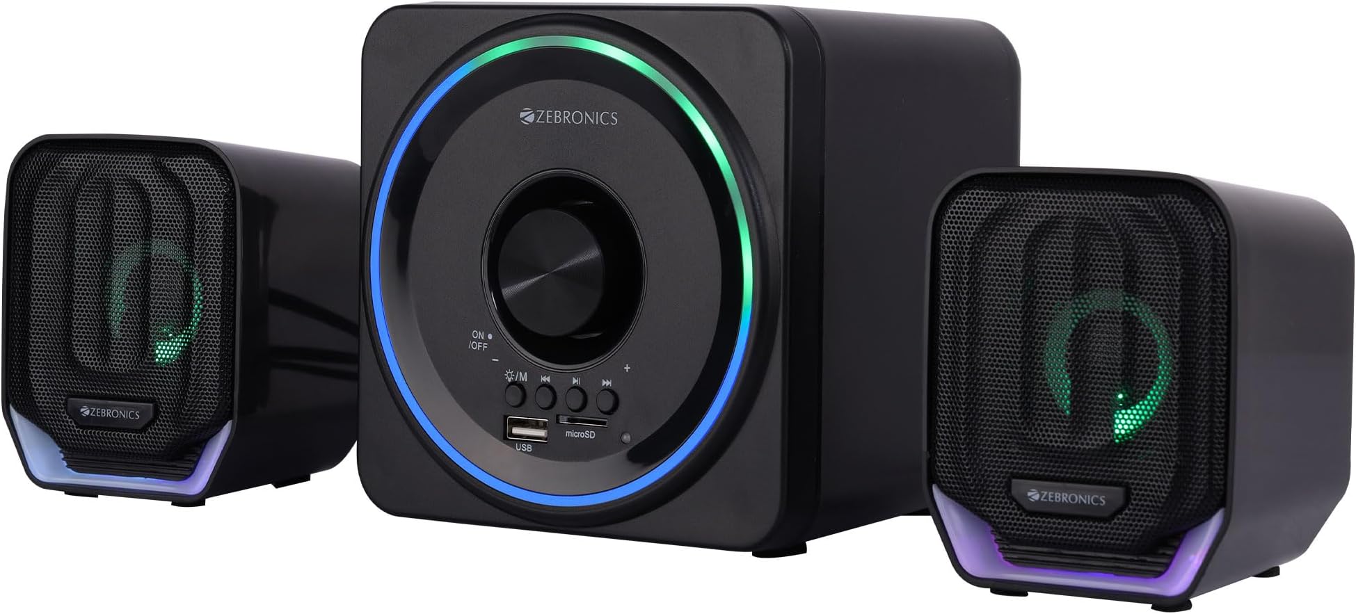 ZEBRONICS Pluto 2-2.1 Channel Desktop Speaker with 15 watts Output, Bluetooth 5.0, USB, mSD, FM, 3.5mm Jack Line Input, Inbuilt Volume Control, USB Powered, RGB Lights
