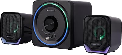 Pluto 2-2.1 Channel Desktop Speaker with 15 watts Output, Bluetooth 5.0, USB, mSD, FM, 3.5mm Jack Line Input, Inbuilt Volume Control, USB Powered, RGB Lights