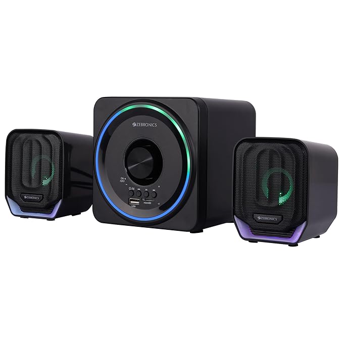 ZEBRONICS Pluto 2-2.1 Channel Desktop Speaker with 15 watts Output, Bluetooth 5.0, USB, mSD, FM, 3.5mm Jack Line Input, Inbuilt Volume Control, USB Powered, RGB Lights at Rs. 1099