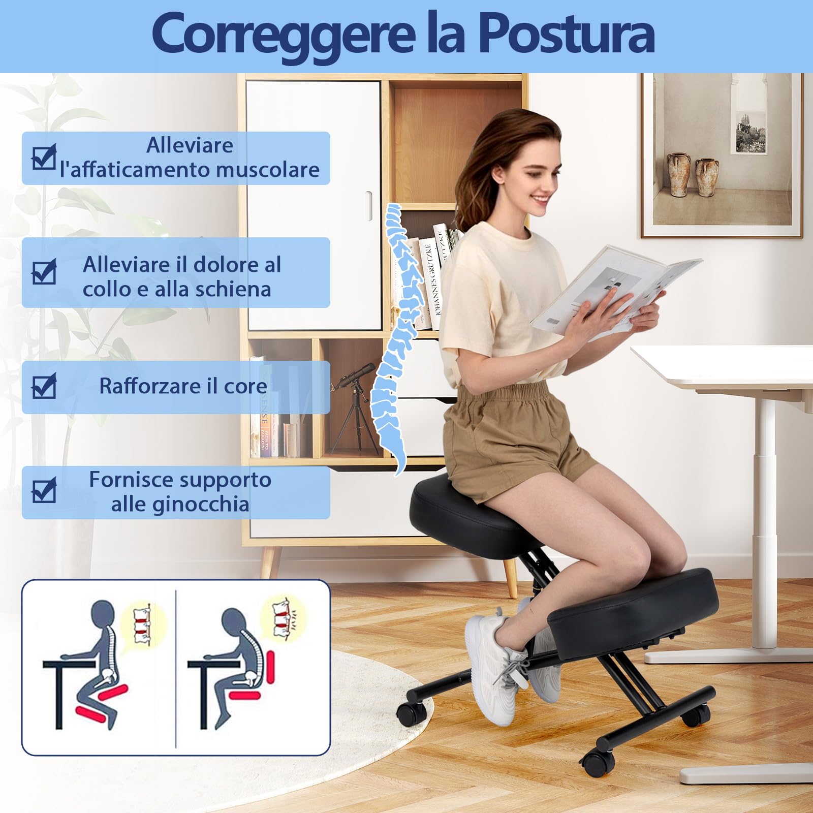RELAX4LIFE Sedia a Ginocchio, Sedia Ergonomica a Ginocchio Regolabile in Altezza, Sgabello Imbottito da Ufficio con Ruote Universali Bloccabili, Ufficio, Home Office (72 x 46 x 68 cm)