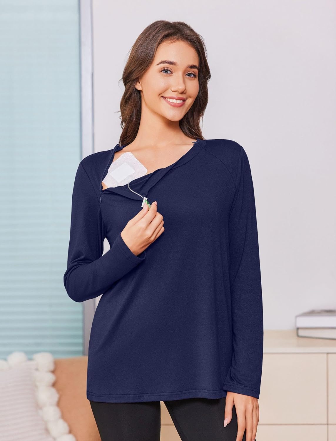 Deyeek Chemo Shirts for Women with Dialysis Port Access 2 Side Zippers Long Sleeve Shoulder Post Surgery Shirt - Image 2
