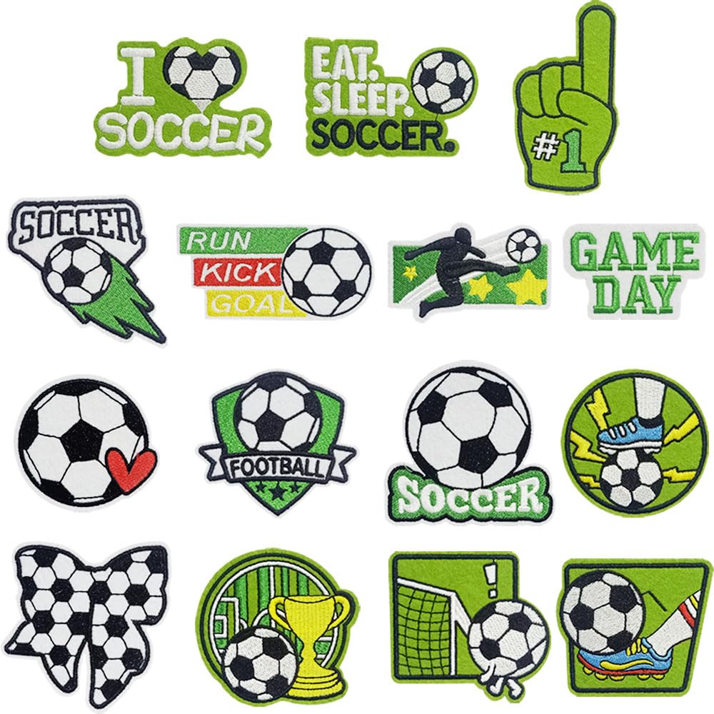 Soccer Embroidered Iron-On Patches, 15 Pieces Mixed Football Sports Theme Sew-On Appliques for Clothing, Jackets, Jeans, Hats and Backpacks