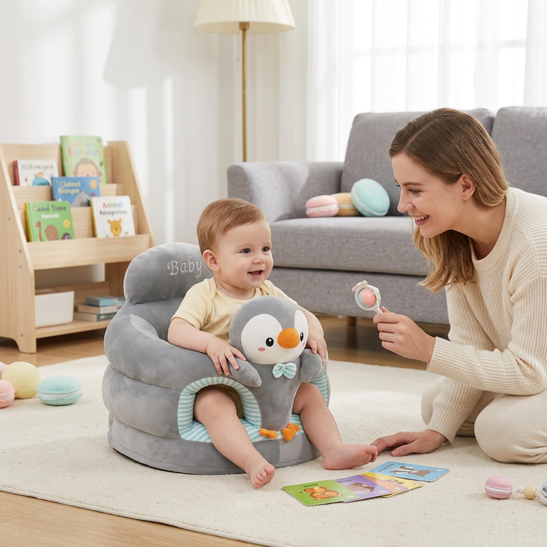 Sitzstuhl für Babys, Babysitz mit ergonomischer Rückenstütze, Pinguin-Sitzstuhl für Kleinkinder zum Lernen, weicher Bodensitz für Babys