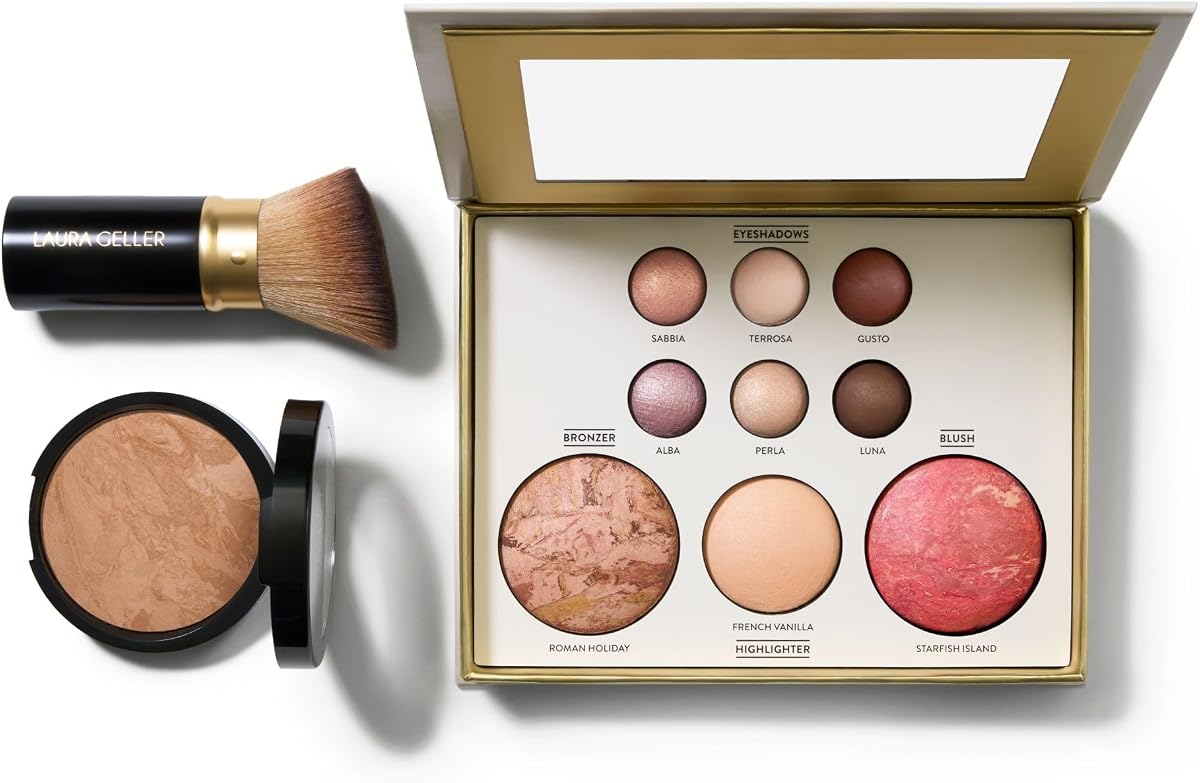 LAURA GELLER NEW YORK Baked Starter Kit- Baked Balance-n-Brighten, Medium + Best of the Best Tuscan Dreams Face Palette + Retractable Angled Kabuki Brush