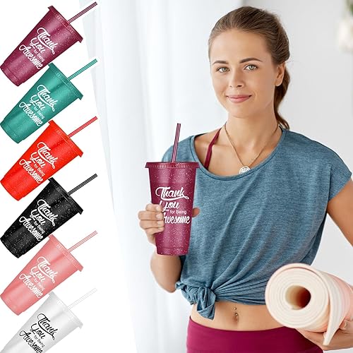 Miniatura 10 de Vaso con popote y tapa, tazas de agradecimiento de 24 onzas, vasos de plástico reutilizables para café helado, botella de agua para bebidas frías a