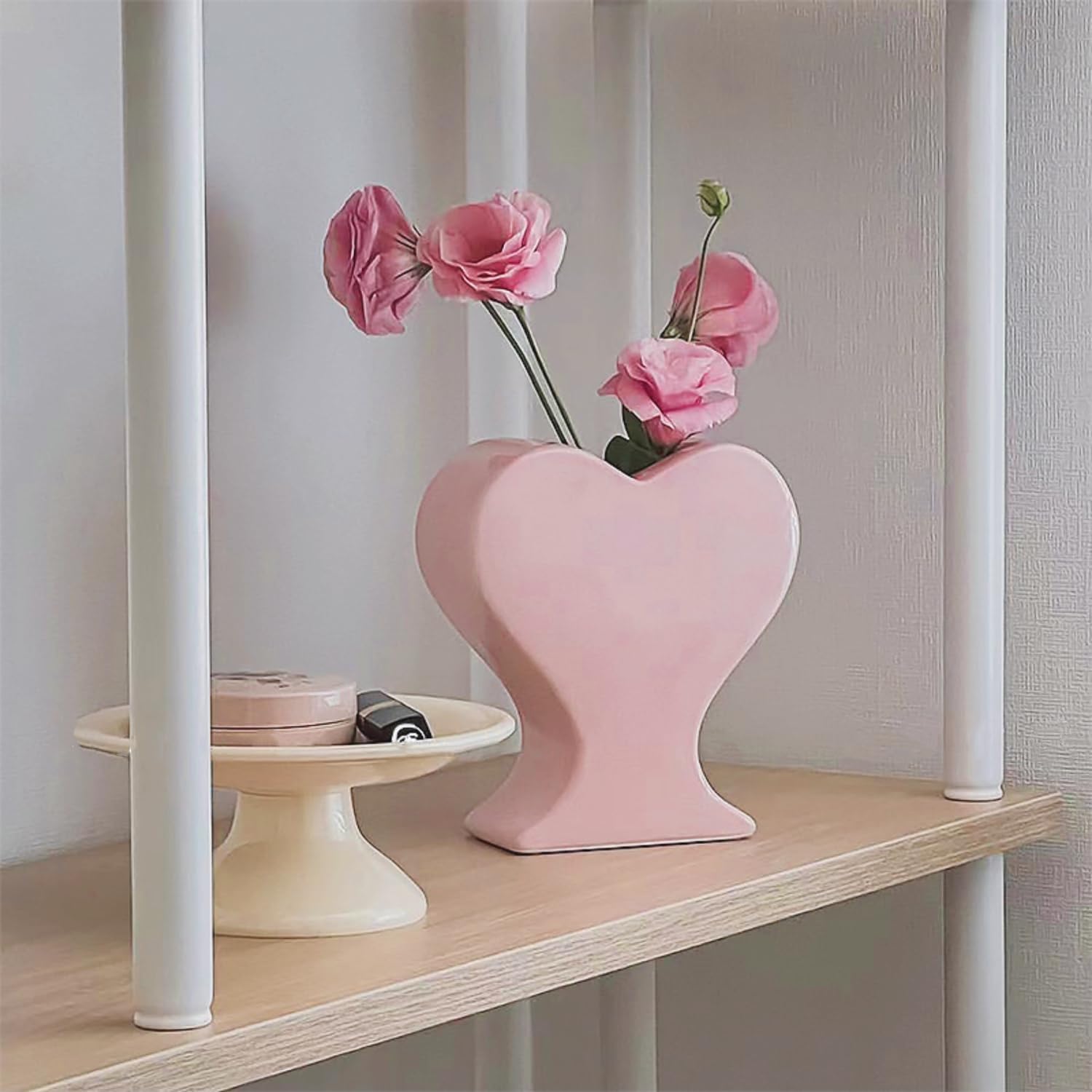 Peach Heart Shape Ceramic Vase, Unique Pink Flower Vase for