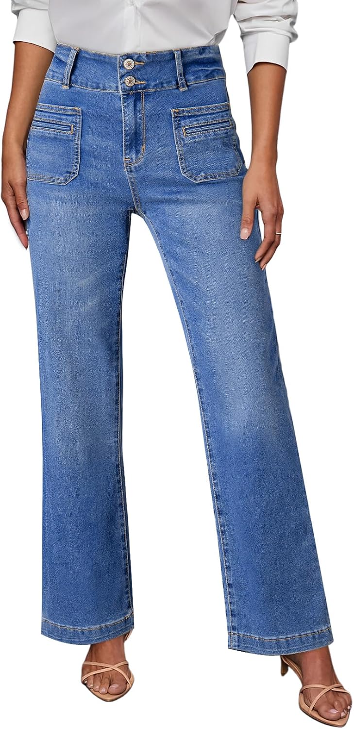 Sidefeel Women's Wide Leg Jeans High Waisted Tummy Control