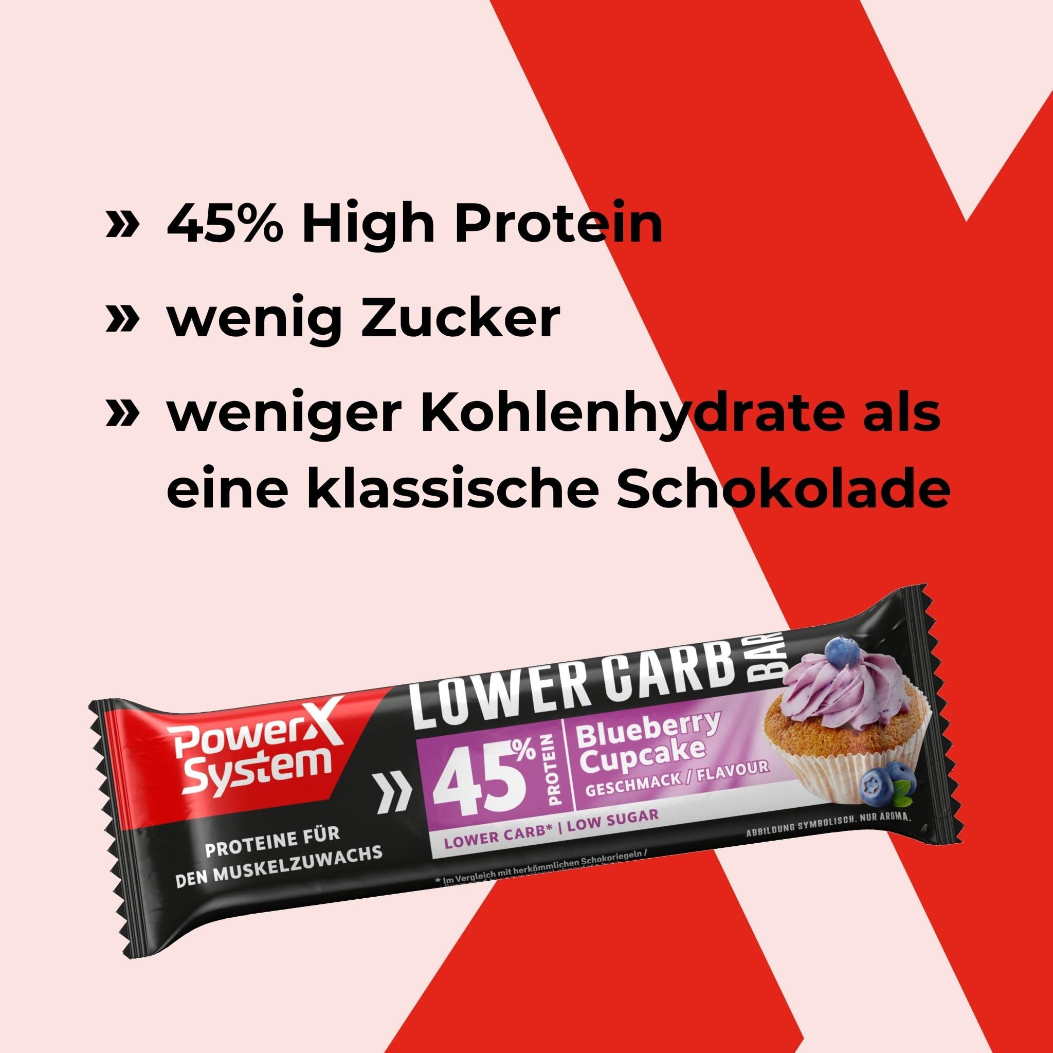 Power System Lower Carb Bar Blueberry Cupcake, 44% Protein, 28 x 40 g | Eiweißriegel mit 18 g Protein und nur 0,9 g Zucker pro Riegel, Heidelbeer-Cupcake-Geschmack mit Vollmilchschokolade