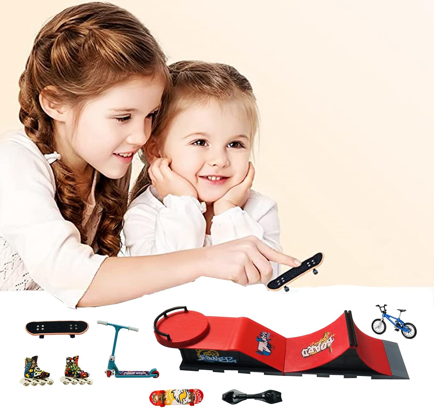 Kid's Dream 2-in-1 Finger Toy Skateboard Park Ramps , including 9Pcs Finger Training Prop Set Including Fingerboards, Finger Bike, Scooter, Caster Board, Skates, and Ramp Set for Kids & Adult Gift (A)