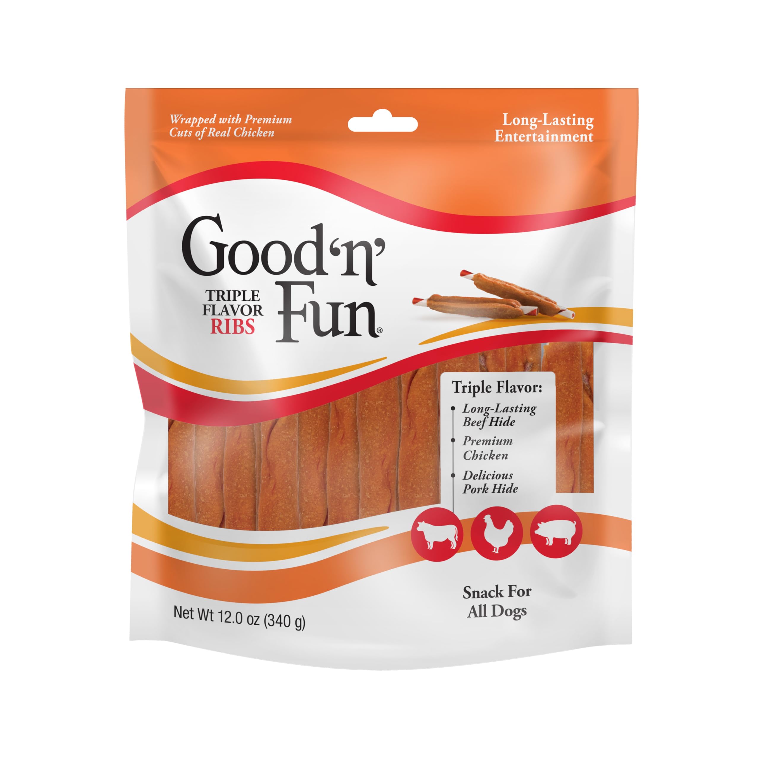 Good ‘n’ Fun Triple Flavor Ribs Chews for All Dogs, 12 Ounces, Treat Your Dog to Long-Lasting Chews Made with Beef Hide, Chicken and Pork Hide