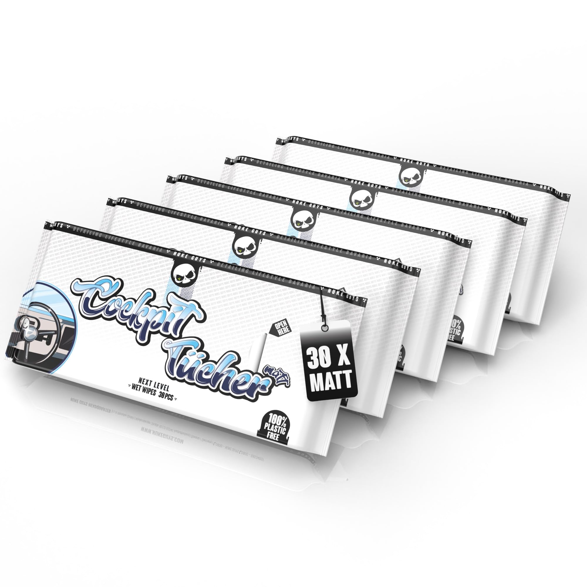 Nuke Guys Cockpit Pflegetücher Matt | 5er Pack mit je 30 Auto Innenraum Tüchern | Feuchte Reinigungstücher zur Cockpitpflege Kunststoffpflege | Cockpittücher Feuchttücher zur KFZ Reinigung Innen