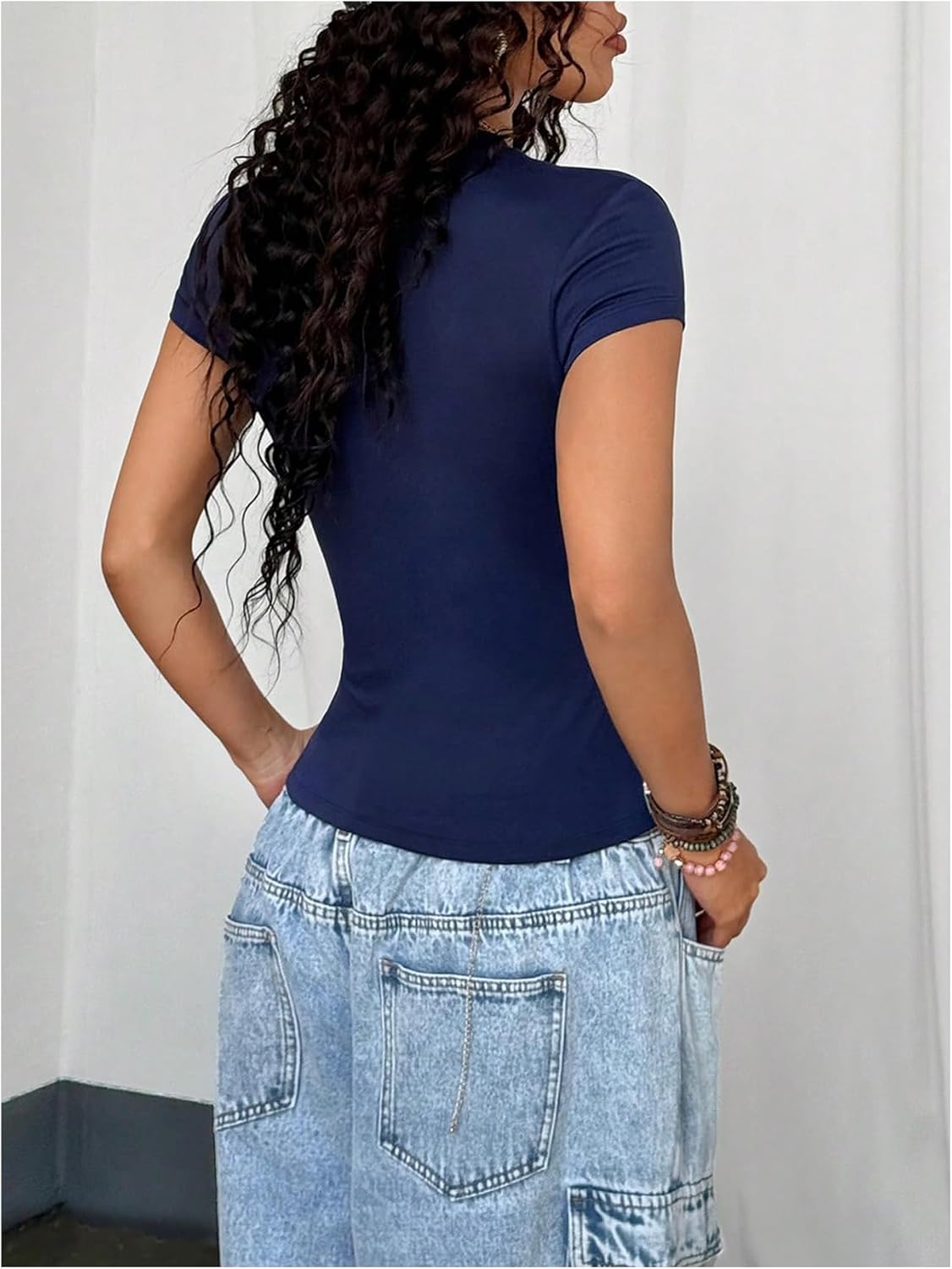 Women's Y2K Sporty Jersey Shirts V Neck Cap Sleeve Tight Crop Tops Street Graphic Tees - Image 2