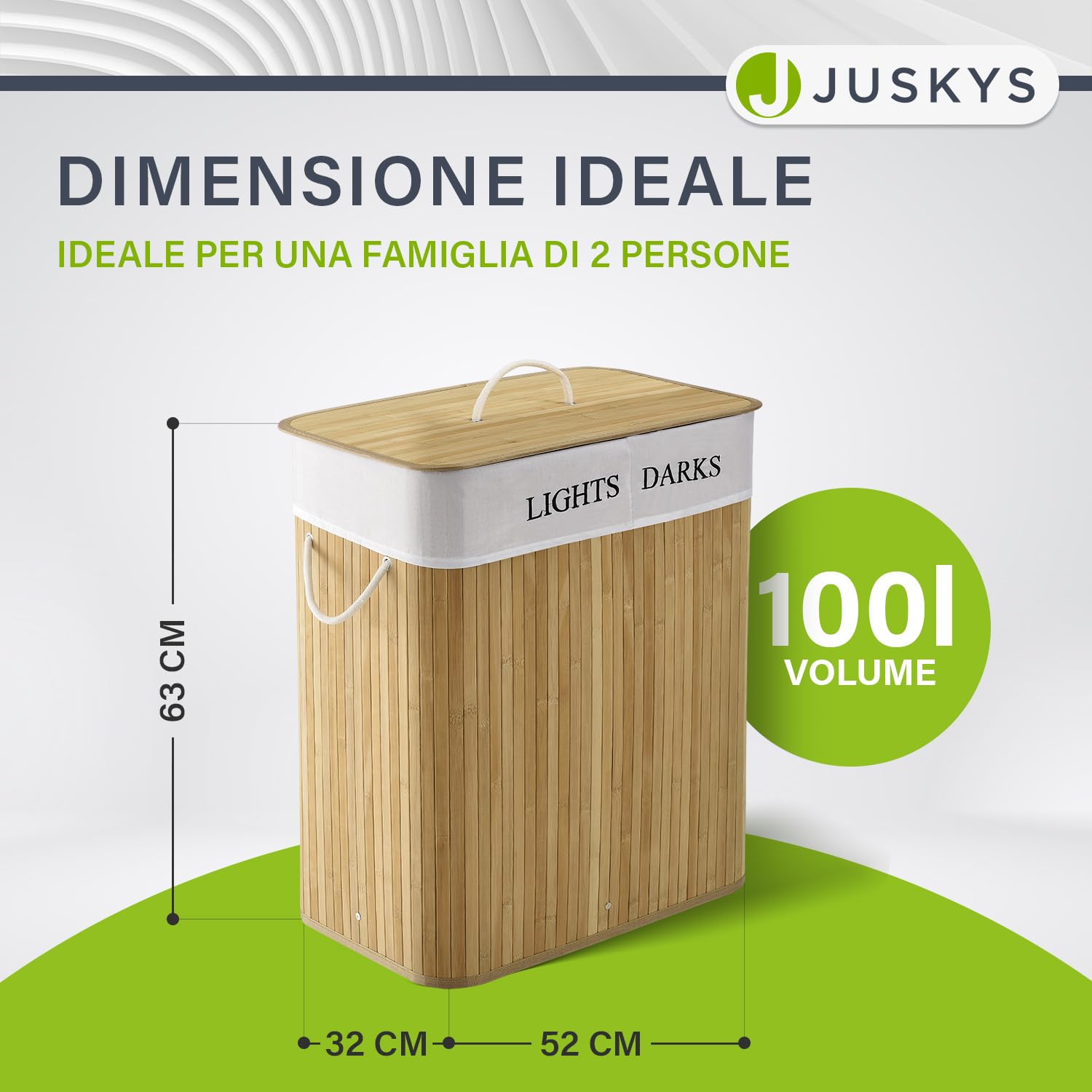 Juskys Cesto da bucato in bambù Curly 100 litri naturale - Cestino da biancheria con coperchio, maniglia e 2 scomparti - Borsa per bucato in tessuto Cestino da biancheria rimovibile e lavabile