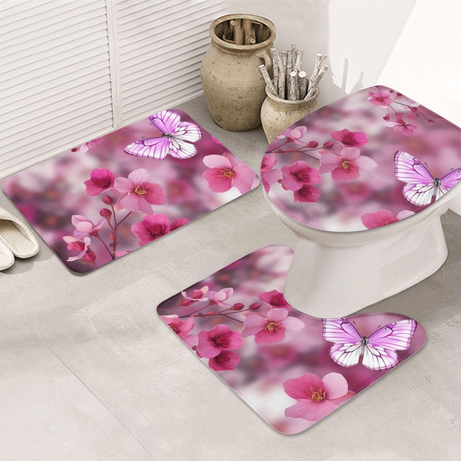 Tapis de salle de bain en U lot de 3 absorbants au motif de fleurs roses