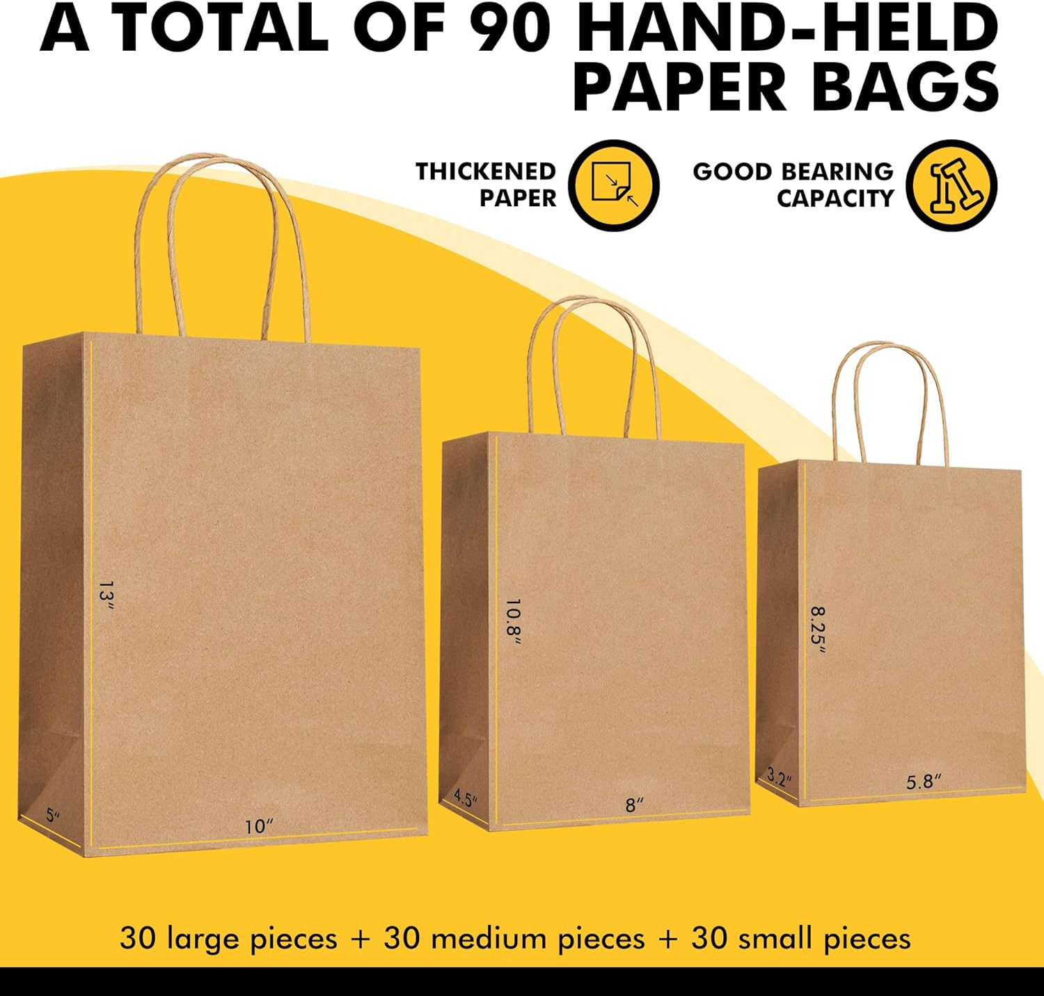 90 Pack Brown Paper Bags with Handles, Multiple 3 Assorted Sizes Gift Bags, Heavy Duty Kraft Paper Bags Bulk, Retail Shopping Bags for Birthday Party, Wedding, Business, Grocery & Take Out Sacks