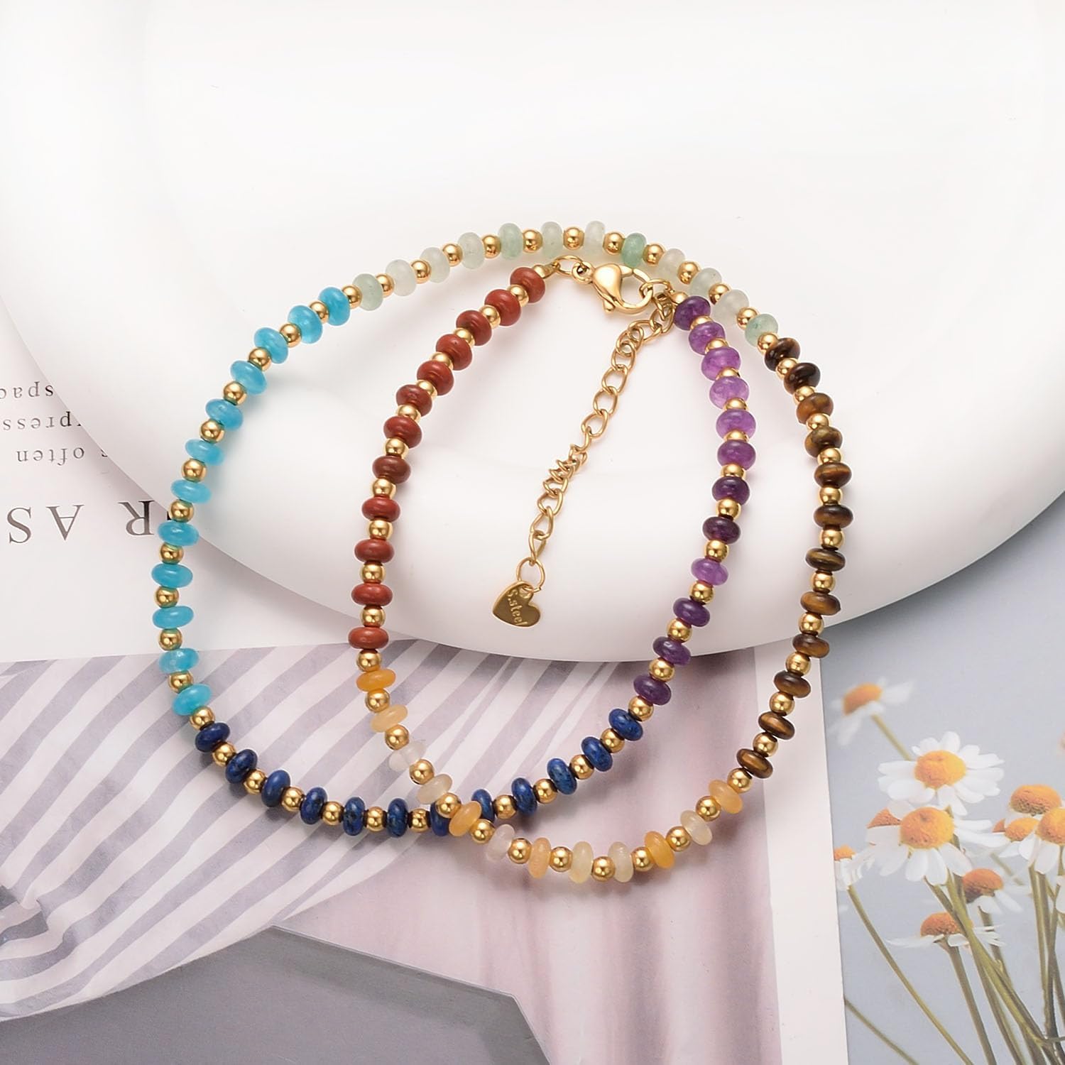 Aleasha Gemstone Beaded Choker Spinel Lapis Lazuli Amethyst Turquoise 14" Necklace for Women Gold Stainless Steel Handmade Strand Boho Jewelry - Image 5