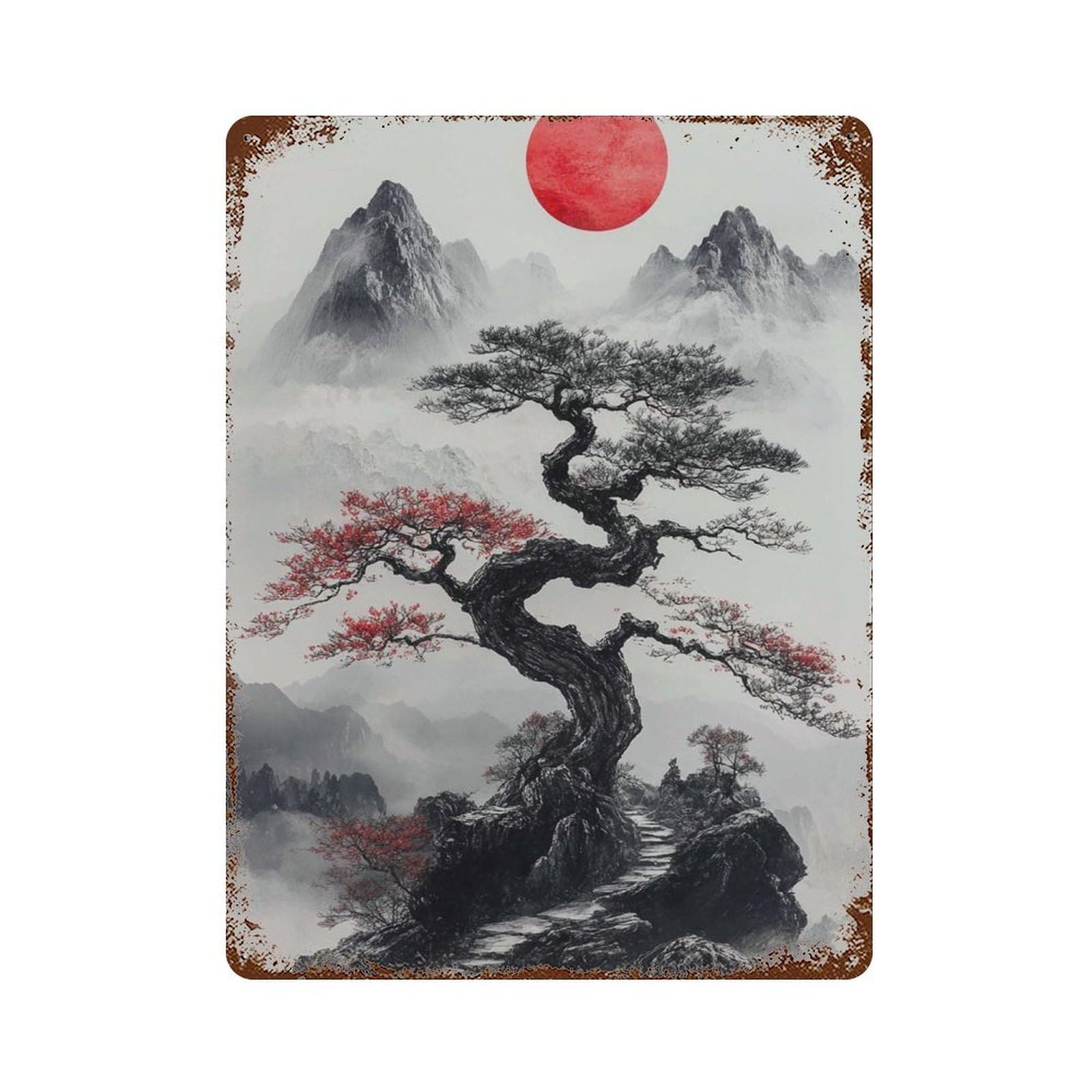 xiaoxiaoshen Japanese Bonsai Tree Red Sun Asian Mountain Minimal Zen Nature Vertical Ink Styl Wall Decor Art Metal Tin Poster Modern Home Decor Art Home Bar Shop Decorations Vintage Sign 40x30cm