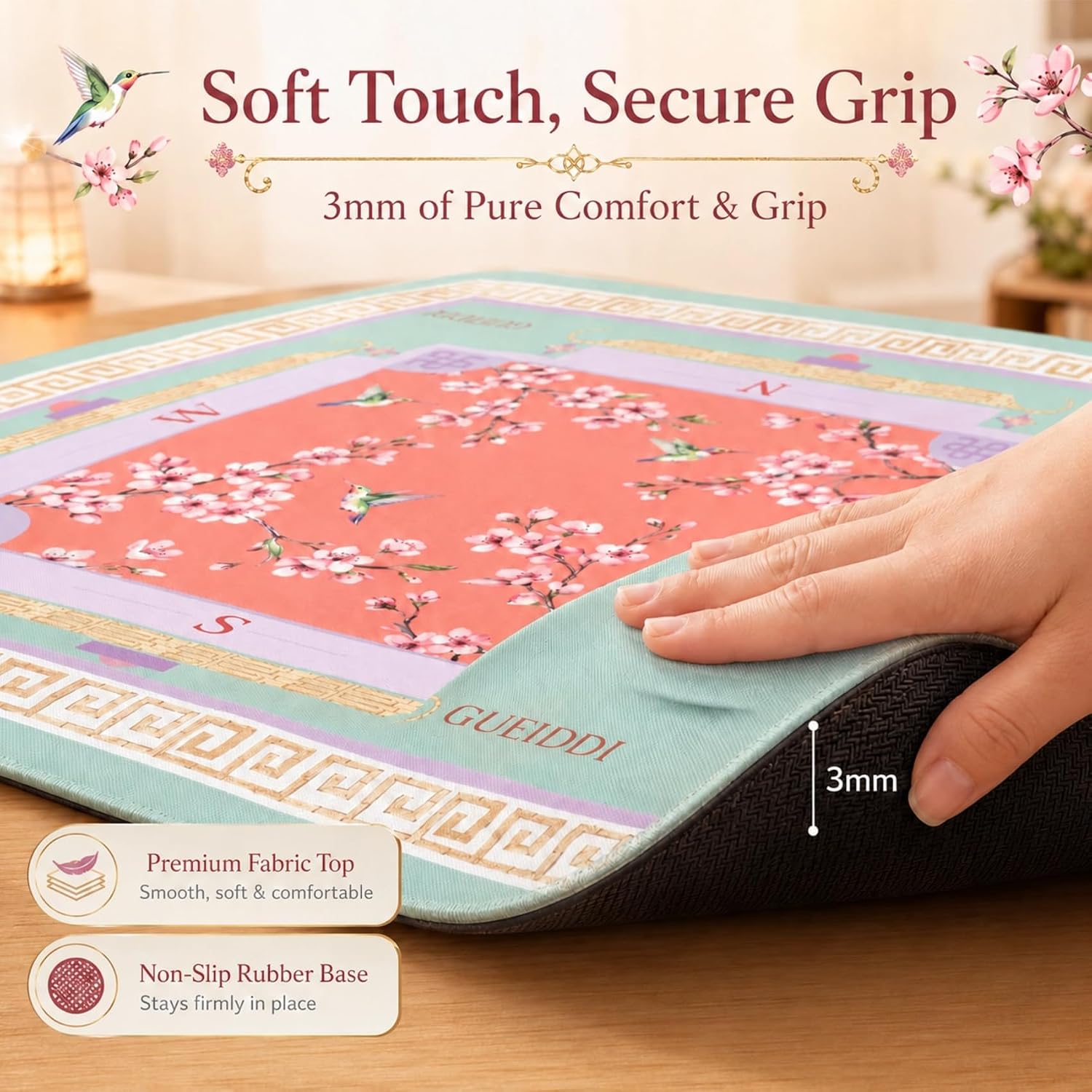 Pink Flowers & Birds Mahjong Mat | 33"x33" Smooth Glide Tech Fabric Mahjong Mat for Mahjong & Board Games, 3mm Thick Noise Reduction, Non-Slip Rubber Backing