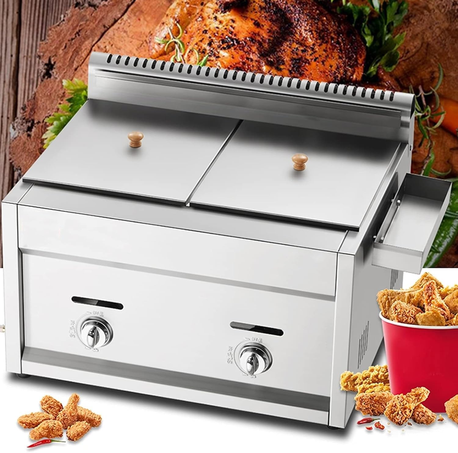 Friggitrice a gas, grande capacità, in acciaio inox, con potenza di fuoco regolabile, include cestini e coperchi, ideale per patatine, ciambelle, pesce, facile da pulire