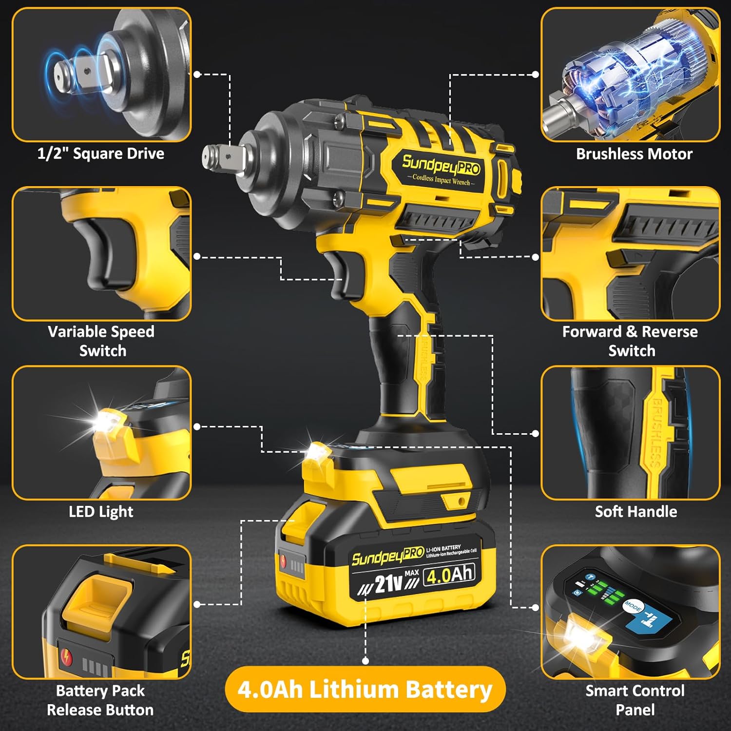 Cordless Impact Wrench 960FT-LBS - 21V Brushless Electric High Torque 1/2 Inch Impact Gun 3-Speed Max 2600RPM with 2 x 4.0Ah Batteries & 6 Sockets & Charger & for Car & DIY & Heavy Duty Use