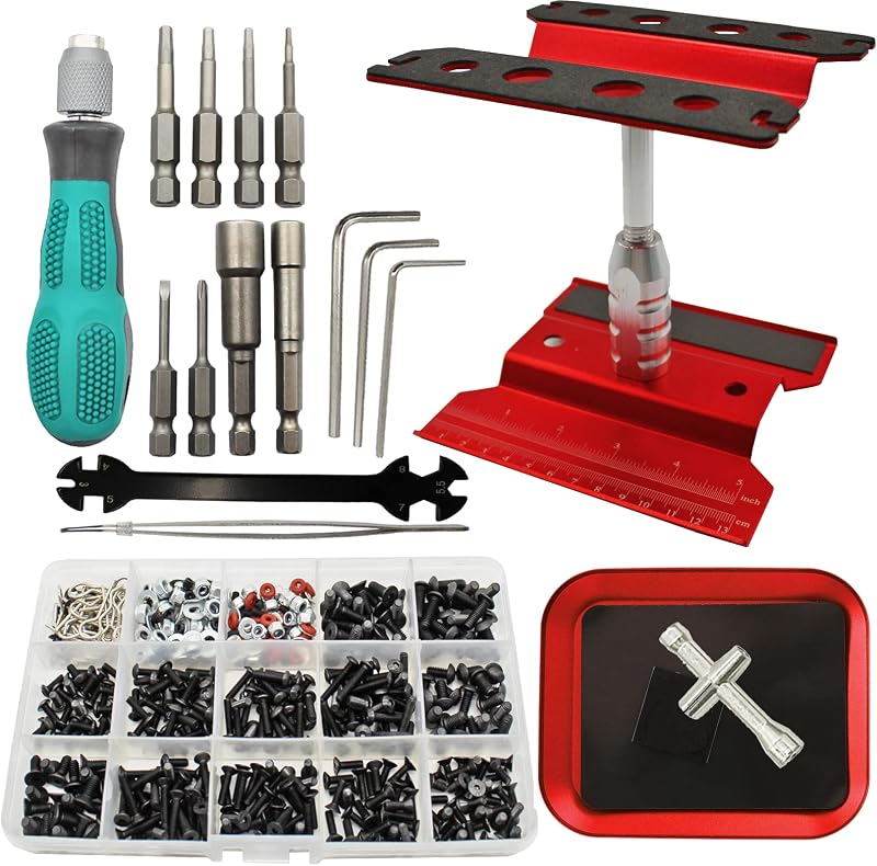 RC Car Repair Work Stand Repair Tool Set 360 Degree Rotation and 523PCS RC Screws Kit & RC Screwdrivers and Screws Pallet for 1/8 1/10 1/12 1/16 1/18 RC Crawler Truck Buggy Vehicle Scale Accessories