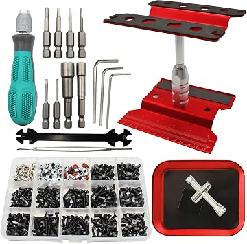 RC Car Repair Work Stand Repair Tool Set 360 Degree Rotation and 523PCS RC Screws Kit & RC Screwdrivers and Screws Pallet for 1/8 1/10 1/12 1/16 1/18 RC Crawler Truck Buggy Vehicle Scale Accessories