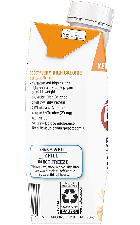 Boost Very High Calorie Nutritional Drink, Very Vanilla, 8 Ounce Box, Pack of 27