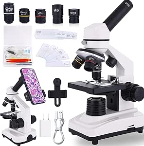 High-Power Compound Microscope for Adults & Kids with Slides Set & Phone Holder
