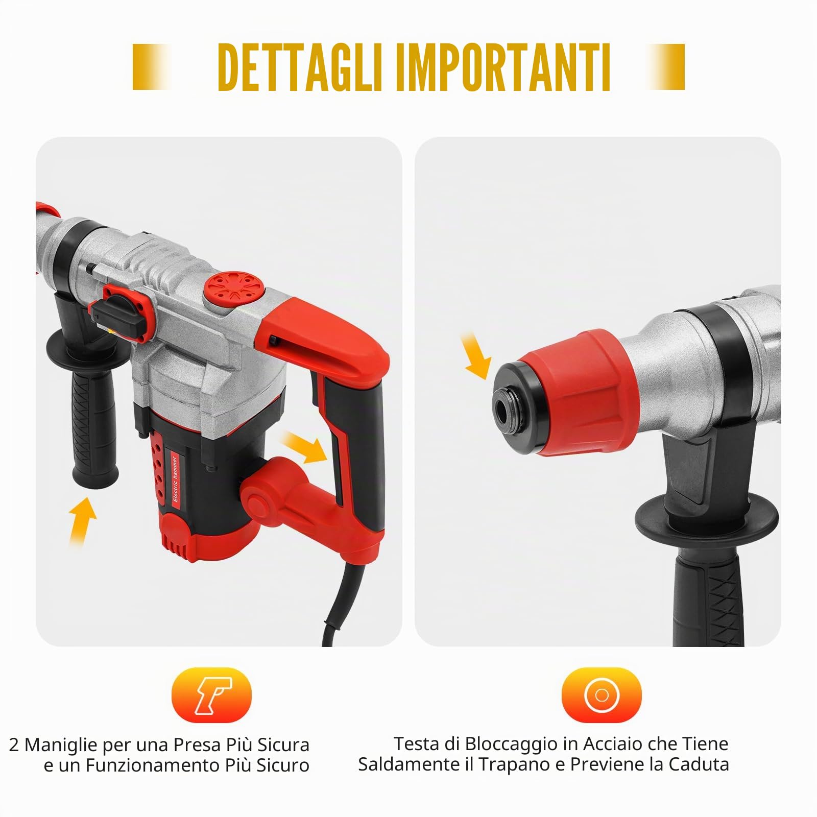 Martello Demolitore Martello Pneumatico, Trapano a percussione, 50 Hz, 0-930 giri/min, martello demolitore, 2200 W, martello elettrico, trapano a percussione con valigetta