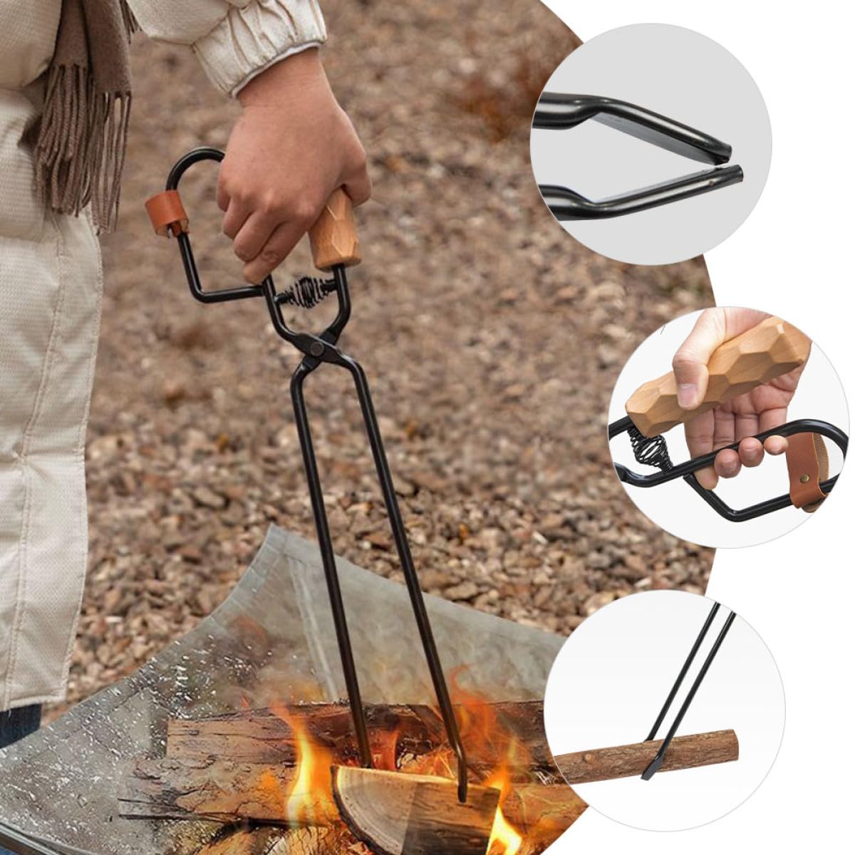 Pinzas de carbón para exteriores para barbacoa y fogata, acero resistente al calor con mango de madera antiquemaduras, accesorio portátil para acampar y asar