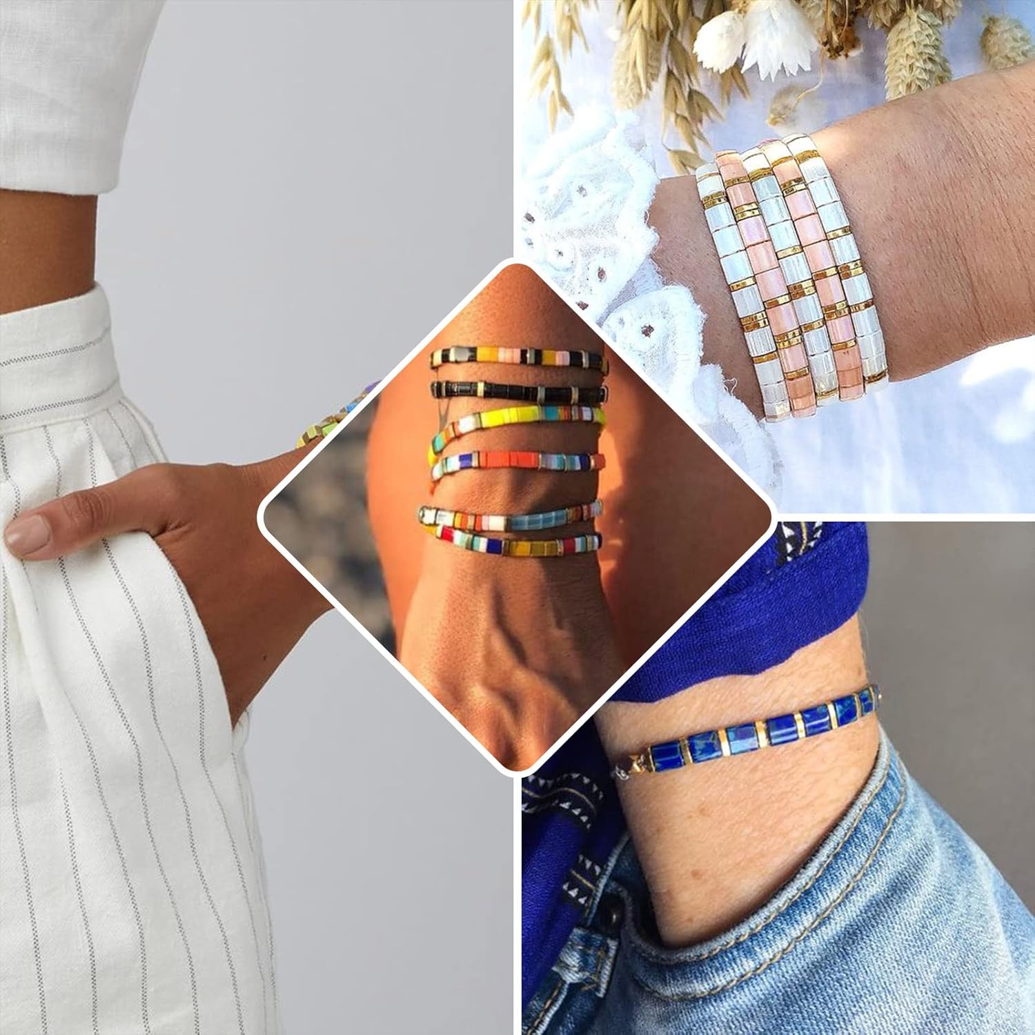 200Pcs Glass Seed Beads Rectangle Tila Beads 5mm 10 Colors 2 Hole Vintage Tile Square Loose Spacer Beads Charms Flat Back Cabochons for Jewelry Making - Image 4