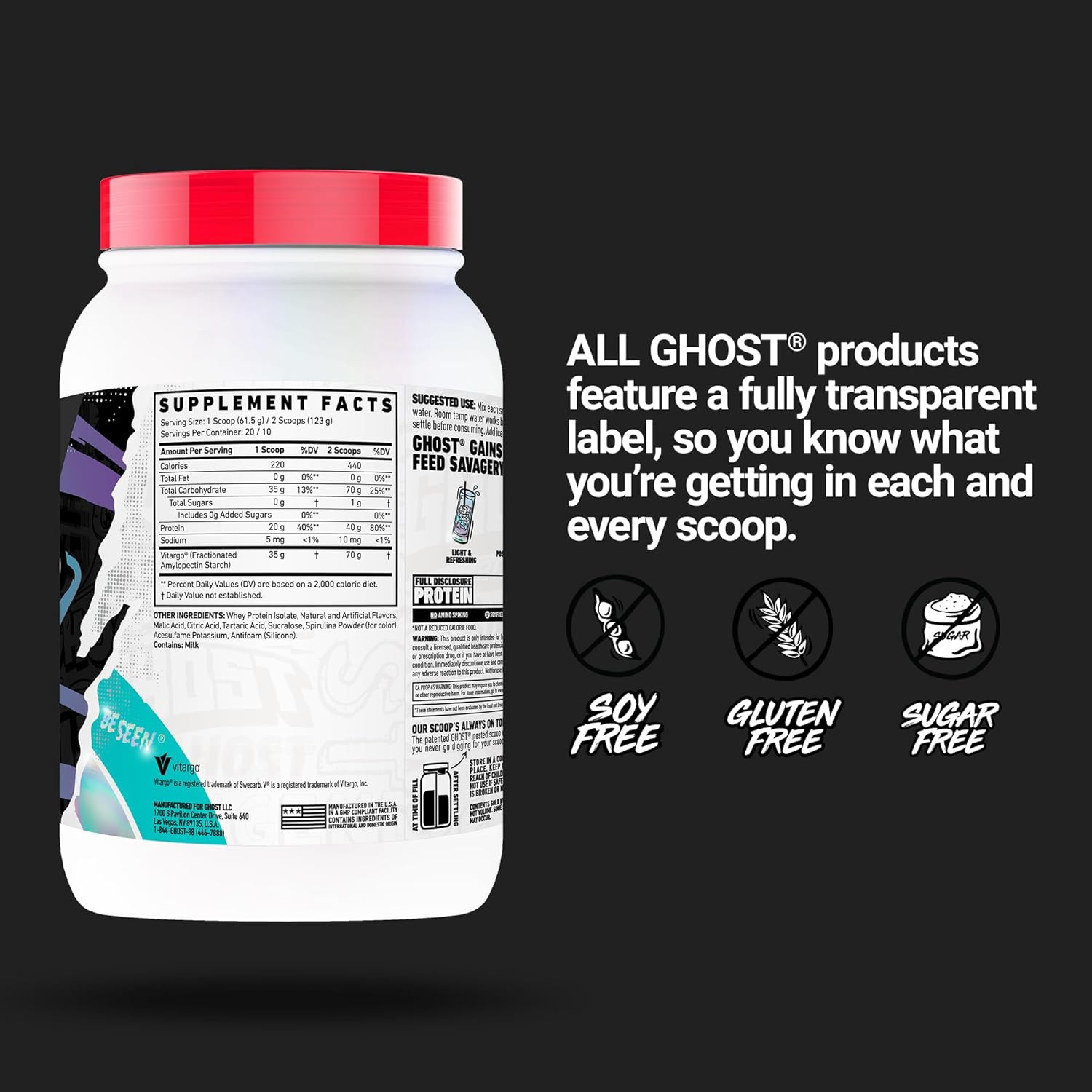 GHOST Clear Gains Mass Gainer Protein Powder - Post-Workout Weight Gainer Mix - 40g of Whey Protein Isolate, 440 Calories & 70g Vitargo Carbs - Lean Muscle Building & Recovery - Blue Raspberry