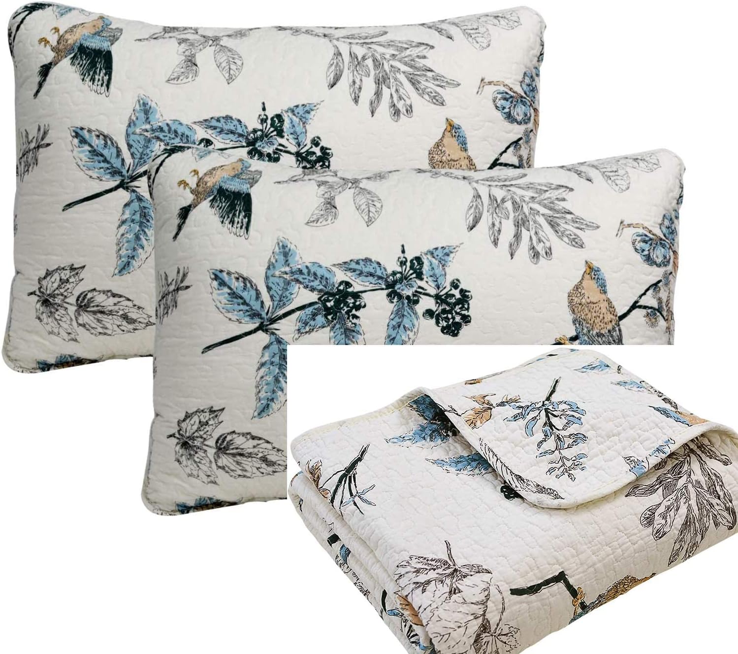 Brandream 3PC Birds Bedding Blanket Pillow Shams Set of 2 Standard Size Plus Cotton Quilted Blanket