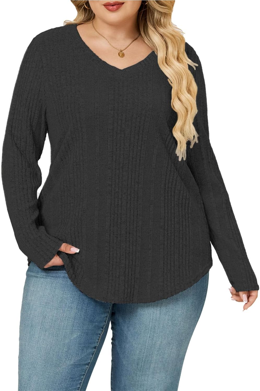 ROSRISS Plus-Size-Long-Sleeve-Tops for women Dressy V Neck Shirts Casual Ribbed Knit Tees Lightweight Tunic Sweaters - Image 4