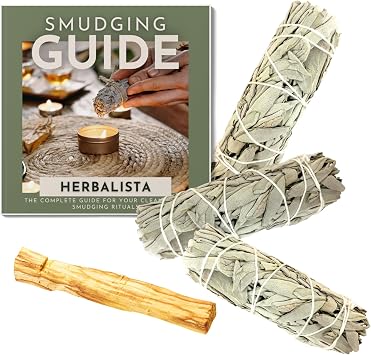 Herbalista - White Sage & Palo Santo Smudge Kit | 3 Pack 4 White Sage Bundles + 1 Palo Santo Stick & Complete Guide | Premium Sage | Home Cleansing, Meditation, and Healing Rituals & Yoga