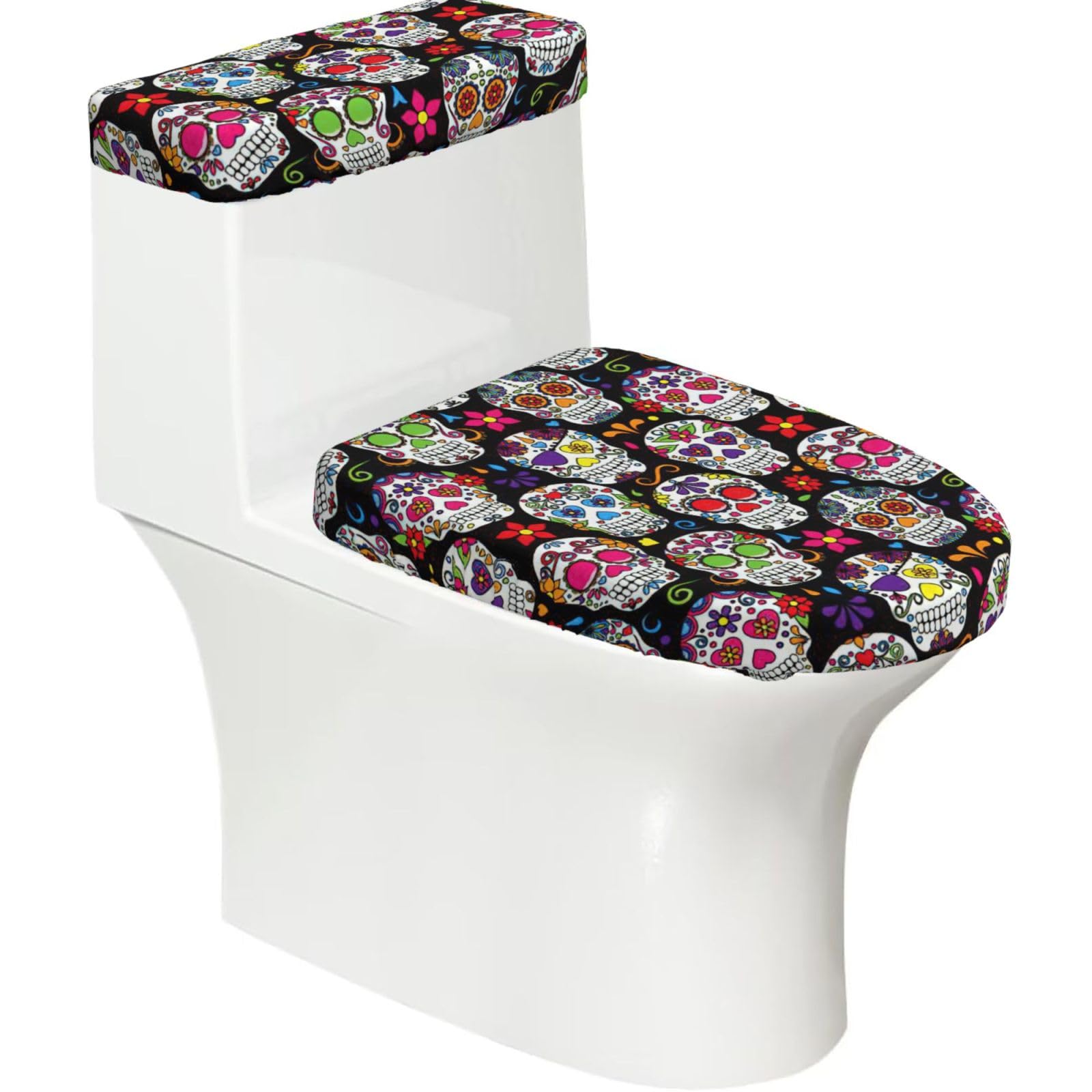 Colorful Flower Skulls Print Toilet Seat Lid And Tank Covers Universal Fit Smooth Seat Cushion Easy To Clean For Home Hotel