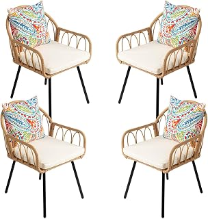 4-Piece Modern Dining Chair Set, Outdoor Rattan Chairs with Ergonomic High Back, High Density Sponge & Sturdy Metal Frame, for Patio, Backyard, Balcony, Garden, Easy to Assemble (Natural)