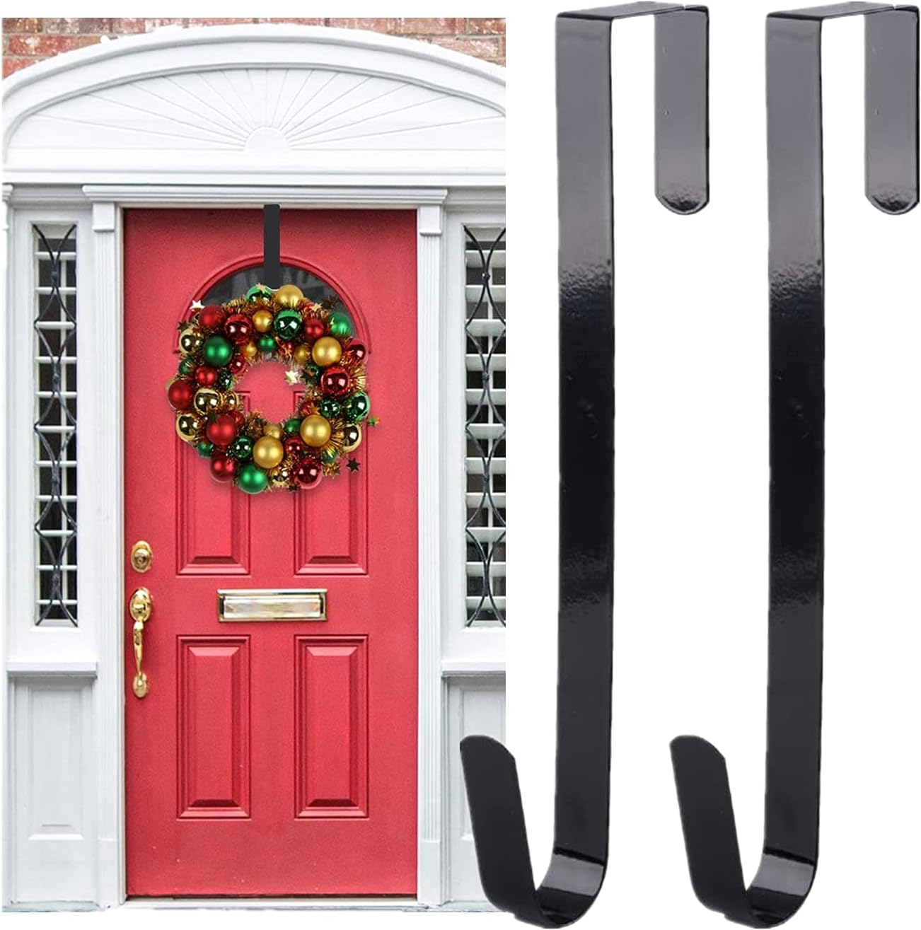 2 Pack Door Hooks (12 in/30cm) Wreath Hanger for Front Door Black Metal, Christmas Door Wreath Hanger, Suitable for Christmas Halloween Easter
