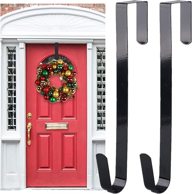 2 Pack Door Hooks (12 in/30cm) Wreath Hanger For Front Door Black Strong Metal, Christmas Door Wreath Hanger, Suitable for Christmas Halloween Easter Decorations