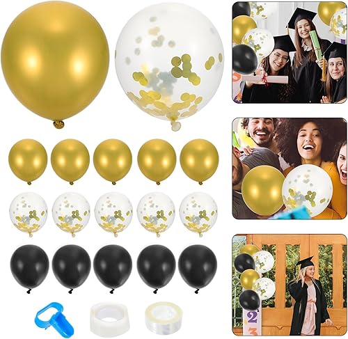 Miniatura 4 de Globo de graduación de látex negro dorado para decoración de fiesta con globos de confeti blanco, kit ligero para colgar en la pared y la puerta,