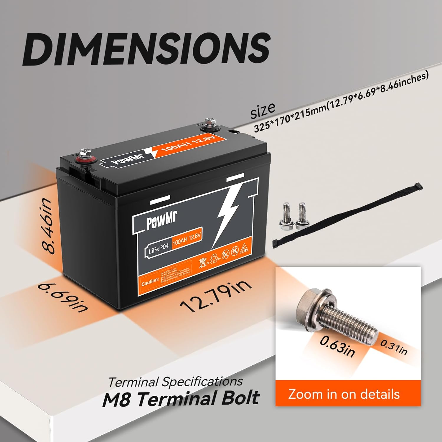 Dimensions and M8 terminal details of the Temank LiFePO4 battery