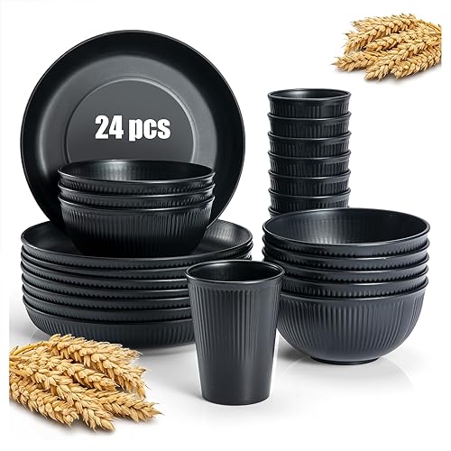 Deep Black 24-Piece Plate, Bowl, and Cup Set