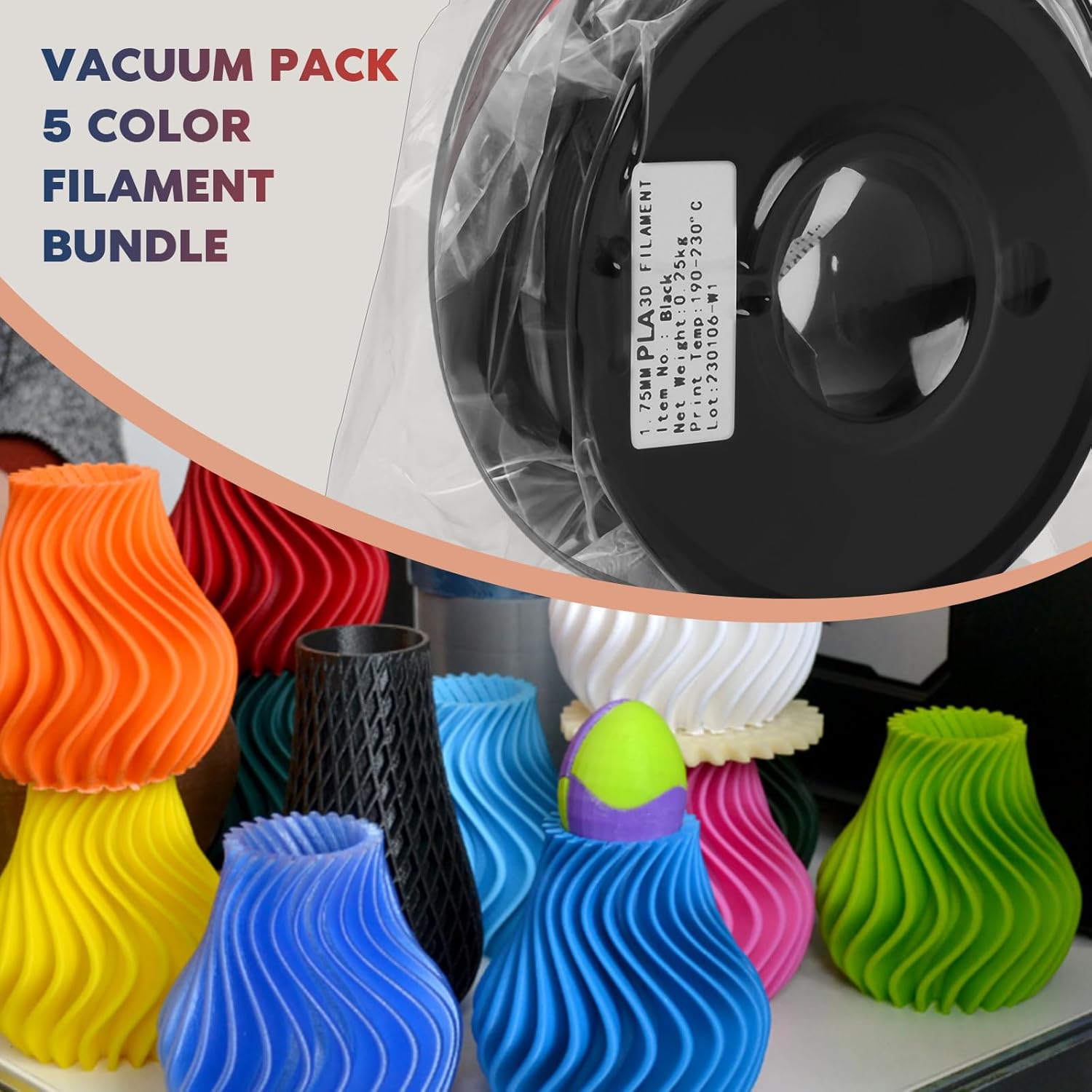 3D Printer Filament PLA 1.75mm 3-D Printing Materials 5 Colors Bundle Print Filimate 1.75 mm Orange Green Blue Yellow Purple Filiment1.75 Accuracy ±0.02mm Fillament Spool Vacuum Pack 250G X 5