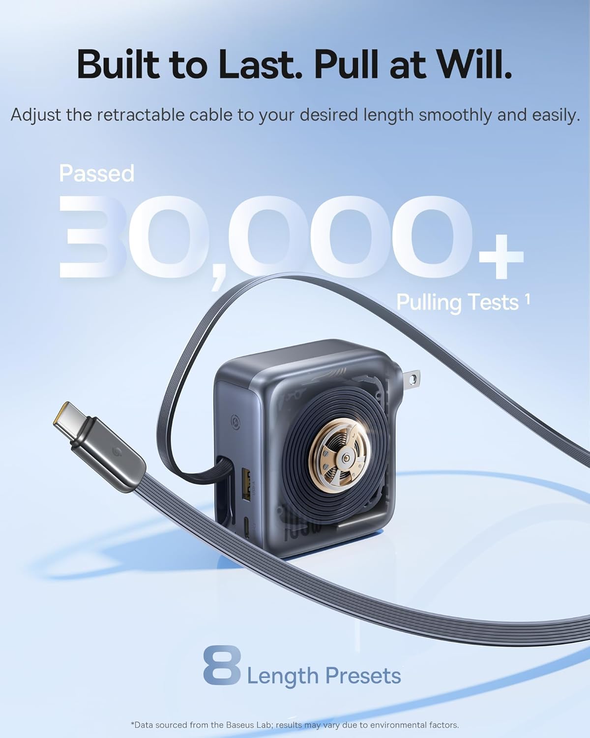 Baseus Enercore 100W USB C Charger with Retractable Built-in Cable, 3-Port Foldable Plug PD Fast Charging Wall Adapter for MacBook Pro/Air, iPad, iPhone 17, Galaxy S25, Pixel, Steam Deck, ROG Ally