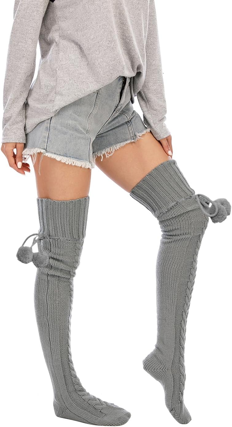 HYTENSUN Women’s Cable Knit Thigh High Socks - Over the Knee Winter Leg Warmers with Pom Pom Tie, Cozy Long Boot Stockings - Image 4