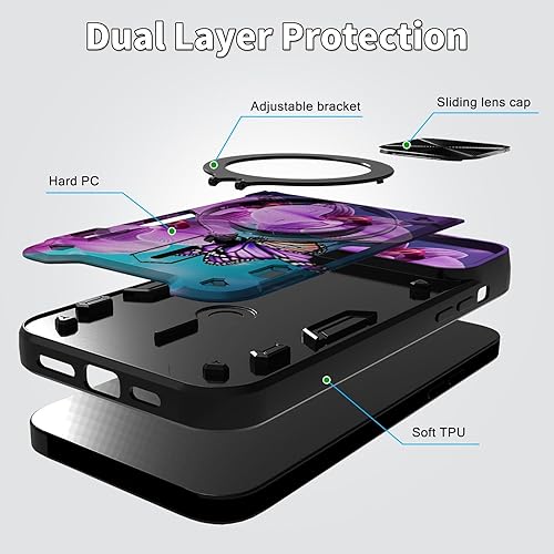 Vista 2 de Funda para Samsung Galaxy A13 5G con cubierta deslizante para lente de cámara y anillo giratorio de 360 grados, soporte híbrido de doble capa Flores