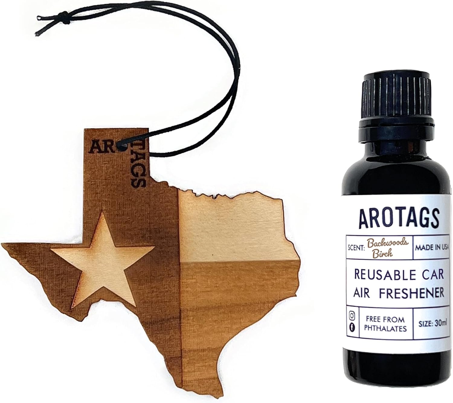 Arotags Wooden Car Air Fresheners - Long Lasting Cool Breeze Scent Diffuses for 365+ Days - Includes Texas Hanging Mirror Diffuser and Fragrance Oil - 100% American Made