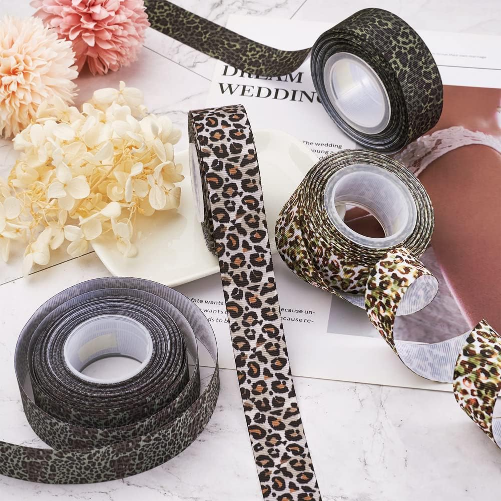 4 Rolls Wild Theme Cheetah Polyester Ribbons Leopard Print Pattern Polycotton Trimming Lace Floral Bow Crafts Decoration for Gifts Package Wrapping and House Ornament