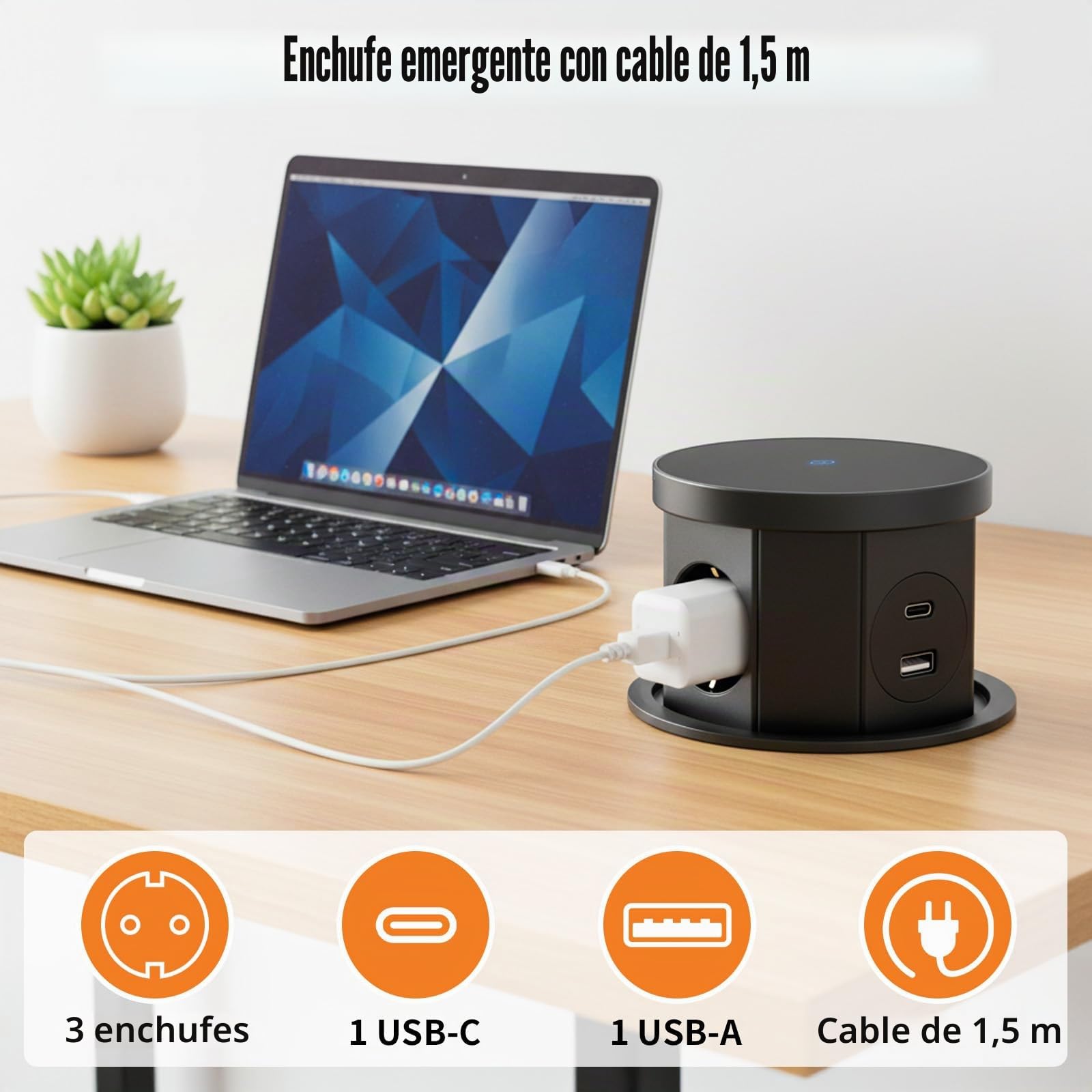 Enchufe retráctil de 3 enchufes, con cargador inalámbrico de 15 W, 1 USB C, 1 USB-A, enchufe retráctil para cocina, cable de 1,5 m, para oficina, cocina, dormitorio, D 120 mm